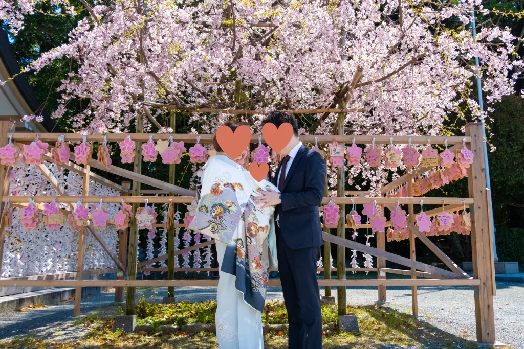 福岡縣護國神社(ふくおかけんごこくじんじゃ)の桜をバックにお宮参り撮影